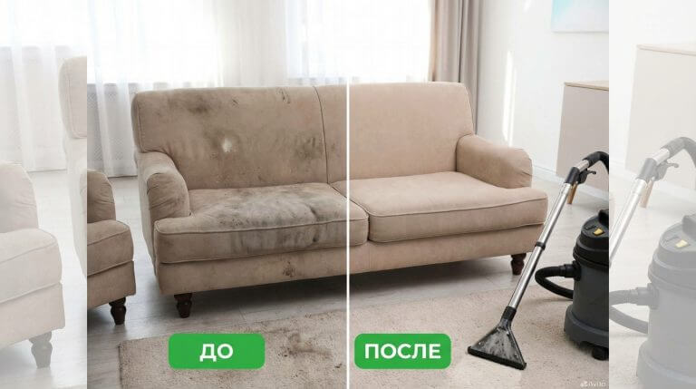 Аclean (AClean) — это клининговая компания | Бежевый диван разделен на две части: левая сторона грязная, правая - безупречная. Рядом стоит пылесос. Русские этикетки показывают "до" и "после". Аclean (AClean) — это клининговая компания |