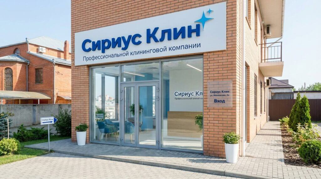 Аclean (AClean) — это клининговая компания | Современное кирпичное здание с большими окнами, вывеской "Сириус Клин" (Sirius Clean) и озелененными кустарниками у мощеной дорожки. Аclean (AClean) — это клининговая компания |