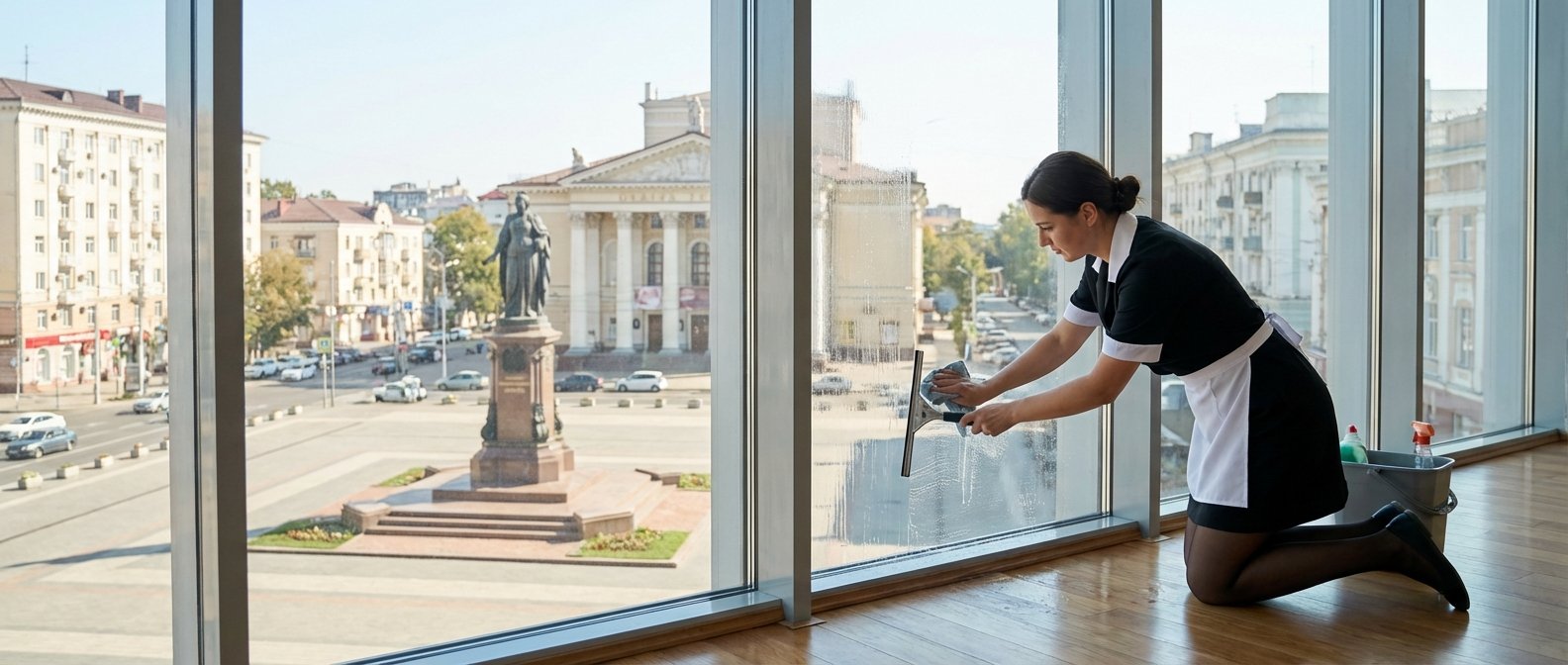 Аclean (AClean) — это клининговая компания | Профессионал в фирменной униформе AClean моет большие окна, за которыми видны городская площадь, статуи и исторические здания. Аclean (AClean) — это клининговая компания |