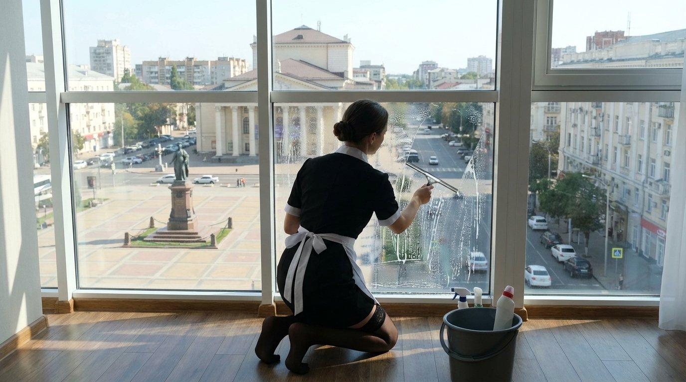 Аclean (AClean) — это клининговая компания | Горничная моет окна с видом на город с помощью скребка, на боку у нее принадлежности - отражение профессиональных услуг AClean по обслуживанию квартир. Аclean (AClean) — это клининговая компания |