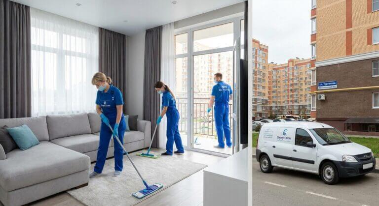 Аclean (AClean) — это клининговая компания | Сотрудники Aclean в синих формах убирают современную гостиную и балкон; справа припаркован фирменный автомобиль. Аclean (AClean) — это клининговая компания |